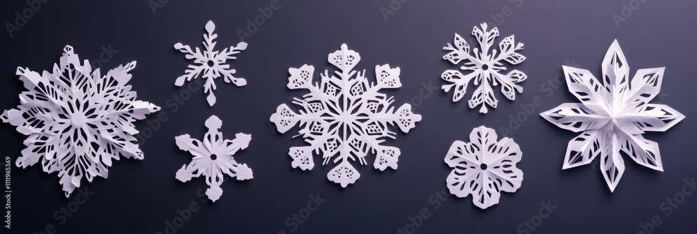 Poster six unique handcrafted paper snowflakes are displayed on a dark background, leaving ample room for c