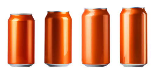 Fototapeta premium Four orange beverage cans arranged in a row on a white background.