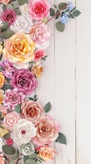 A collection of colorful paper roses in various sizes and colors on a rustic wooden table, eclectic mix, garden party, paper flowers