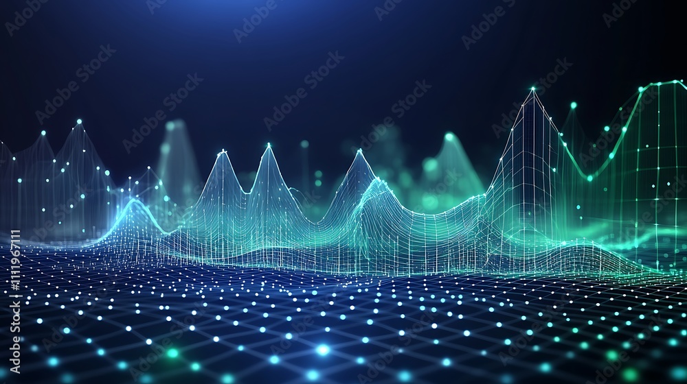Poster abstract digital waveform visualization with futuristic neon colors and data points in a network str