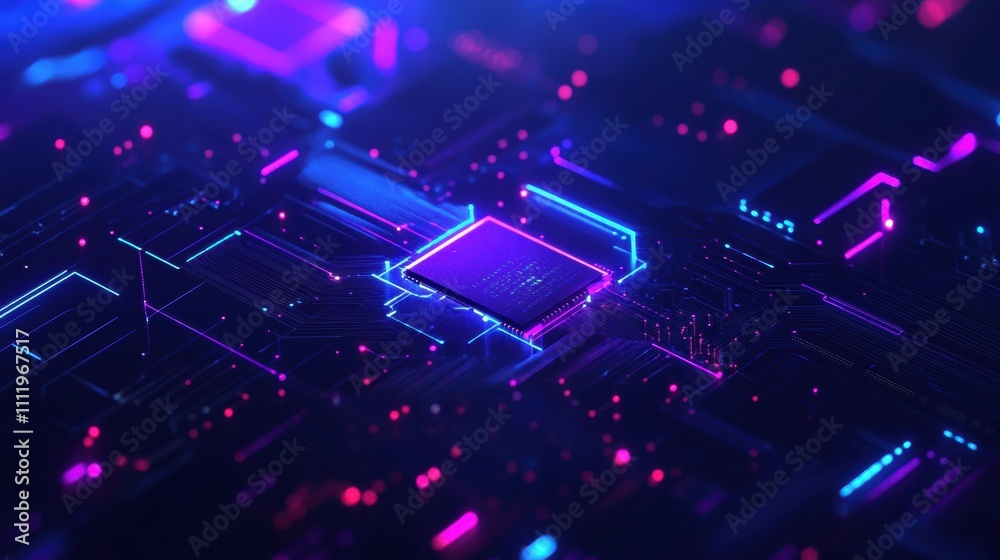 Poster Abstract representation of a digital AI chip embedded in a technological brain design, surrounded by vibrant blue and purple tones. Generative AI