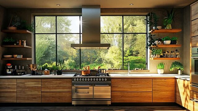 Modern kitchen design with natural light and wooden accents