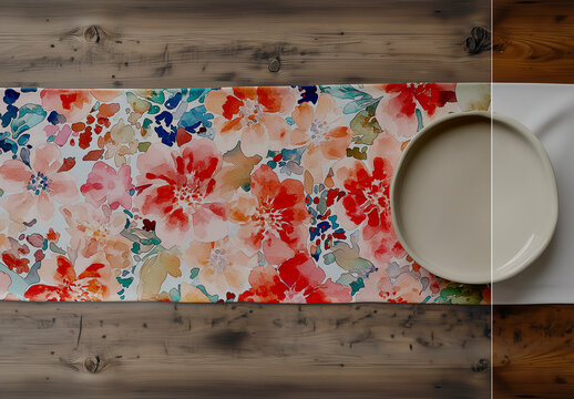 Dining Table Runner Mockup with Customizable Textiles and Plate Placement, AI-Generated