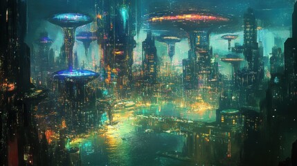 A digital artwork depicting a futuristic city underwater.