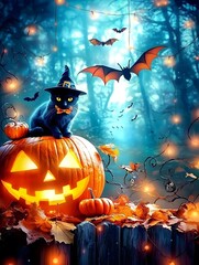 Spooky Halloween Cat on Jack-o'-lantern.