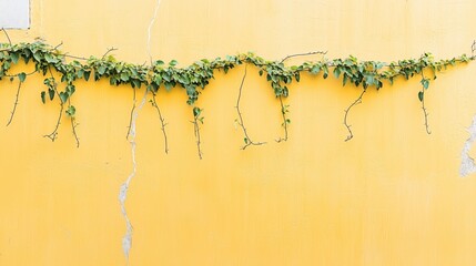 Green ivy vine on vibrant yellow wall with cracks and texture