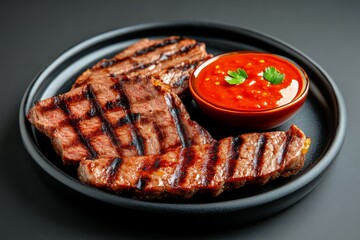 Juicy grilled steak strips served on a black plate with a rich red dipping sauce, garnished with fresh herbs.