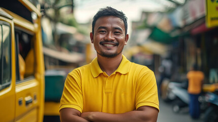 Fototapeta premium Young man in a yellow shirt smiles brightly in a bustling street filled with vehicles during the daytime in a vibrant city