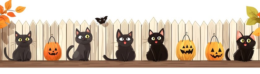 Cute Black Cats and Jack-o'-lanterns by a Wooden Fence on Halloween