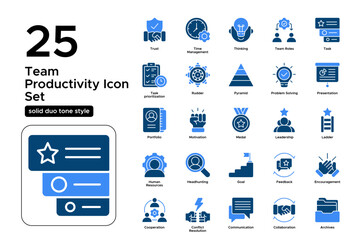 Team Productivity Solid Duo Tone Icon Set: Goal Achievements, Efficient Planning, and Successful Collaboration Icons