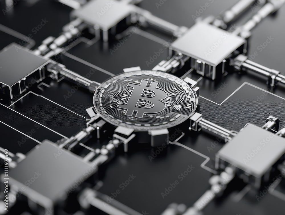 Aufkleber Digital blockchain tokens locked in a multilayered secure system front view representing financial safety robotic tone Black and White