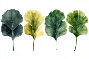 A watercolor illustration of four ginkgo leaves in varying shades of green and yellow.