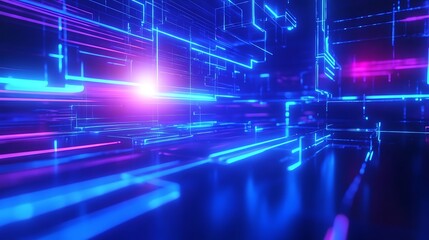 Obraz premium Futuristic Abstract Digital Environment with Glowing Neon Lines and Geometric Shapes in Dark Background