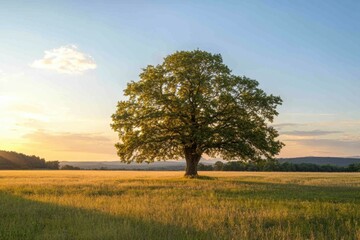 Fototapeta premium A solitary tree dominates a vast open field, basking in the warm hues of a sunset, providing plenty of space for additional text or graphics. Generative AI
