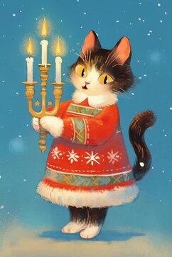 Cute cat holding candles with red outfit for St. Lucy's Day in the winter. Smiling kitty celebrating St. Lucia. Holiday illustration. Vertical video