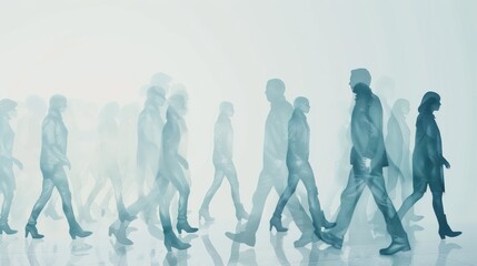 Silhouetted People Walking in Motion Blur Against White Background Showing Movement and Progression