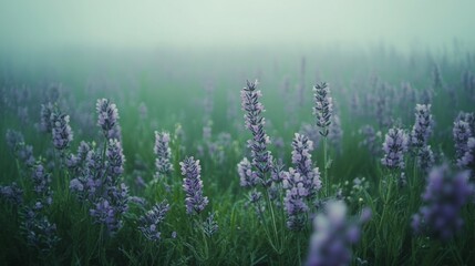 Fototapeta premium Lavender Flowers in a Foggy Field