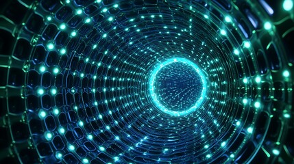 Fototapeta premium Futuristic abstract tunnel with glowing neon lights and intricate geometric patterns, evoking a digital vortex