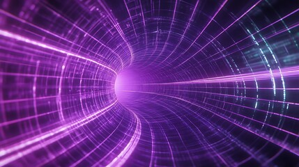 Obraz premium Futuristic Abstract Tunnel with Vivid Purple Lights and Geometric Patterns in 3D Digital Space
