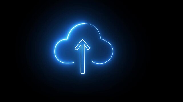 neon line glowing cyan color upload cloud icon animation on black background. 4k video.