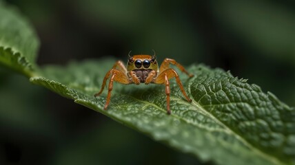 Fototapeta premium Closeup of a small crab spider, Xysticus sitting in a green nettle leaf