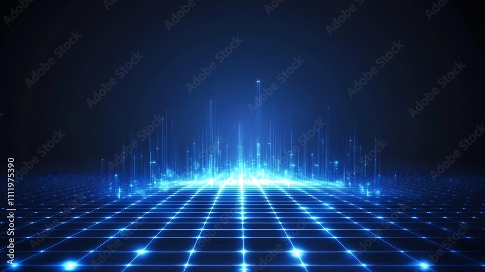 Poster futuristic blue digital grid with light rays and data visualization in a high-tech environment