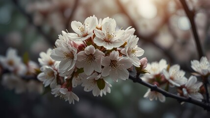Obraz premium Close-up of cherry blossom branches with delicate white flowers against a soft blurred background