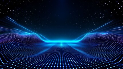 Futuristic Blue Landscape with Neon Lights and Starry Sky Creating a Digital Abstract Background