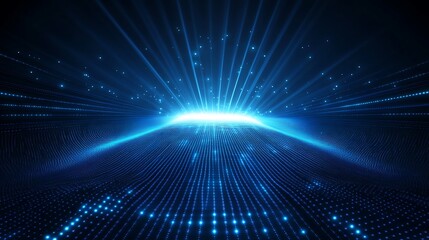 Obraz premium Futuristic Blue Light Rays Emerging from a Digital Horizon with Particles and Waves in a 3D Environment