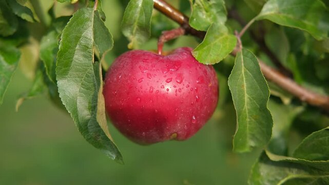 Ripe Apples in the Apple Orchard before Harvesting. Big Red delicious Apples Hanging from a Tree Branch in the Fruit Garden at Fall Harvest. Basket of Apples. Autumn Cloudy Day, Soft Shadow. 4K