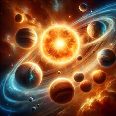 Fototapeta premium Vivid Celestial Landscape with Glowing Star and Planets