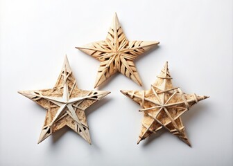 Set of Three Christmas Stars Crafted from Natural Birch Bark Isolated on White Background, Perfect for Minimal Nordic Scandinavian Holiday Home Decor and Design Inspiration
