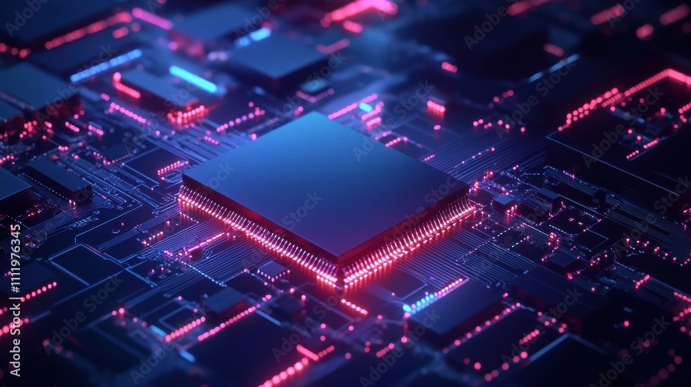 Poster An advanced AI chip merges with a vibrant tech brain against a dark blue background, showcasing themes of artificial intelligence. Generative AI