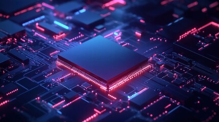 Obraz premium An advanced AI chip merges with a vibrant tech brain against a dark blue background, showcasing themes of artificial intelligence. Generative AI