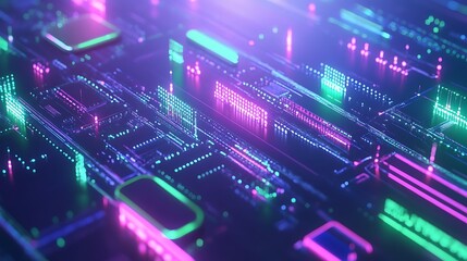 Fototapeta premium Futuristic Circuit Board Design with Neon Lights and Vibrant Colorful Effects for Technology Background