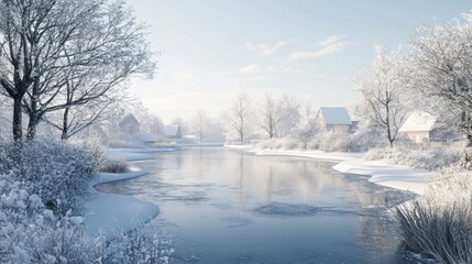 Peaceful Winter Landscape with Fresh Snow Frozen Lake and Soft Sunlight