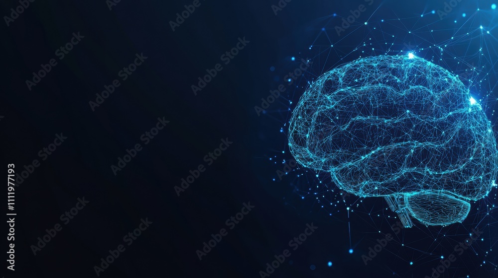 Poster A technology brain represented with digital AI chip elements showcases the essence of artificial intelligence on a dark blue background. Generative AI
