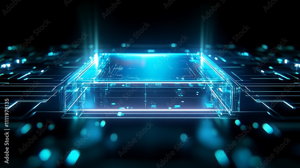 Poster Futuristic Data Visualization with Neon Lights and Abstract Technology in Dark Background