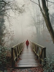 Obraz premium Person walking on forest bridge