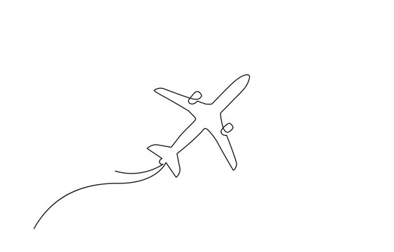 Airplane continious one line art style vector with transparent background, Airplane one line drawing on a white background, Suitcase and airplane drawn with one editable ontinuous single line drawing.