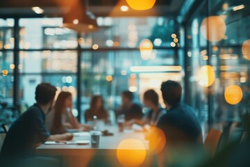 Blurred image of a group of people having a meeting in a modern office at night.