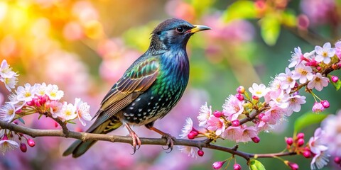 Naklejka premium Stunning European Starling Perched on a Blooming Tree Branch in Natural Habitat, Showcasing Vibrant Feathers and Colorful Blossoms in the Wild, Perfect for Nature Lovers and Bird Enthusiasts