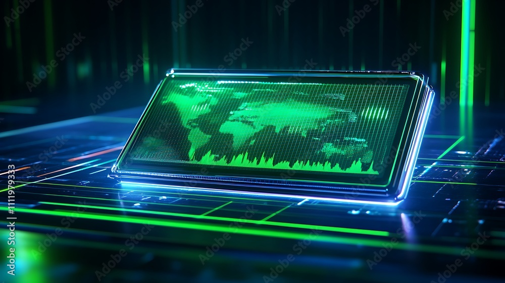 Poster futuristic digital display with green data visualization and global map concept in technology enviro