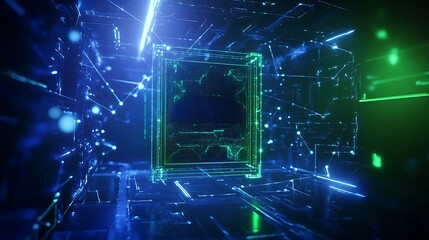 Obraz premium Futuristic Digital Environment with Glowing Lines and Geometric Shapes in a Neon Color Palette