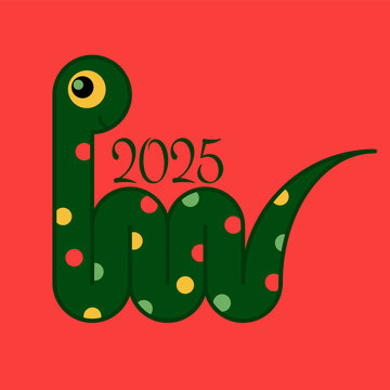 2025 happy new year. Template with snake python symbol of the year on color background.