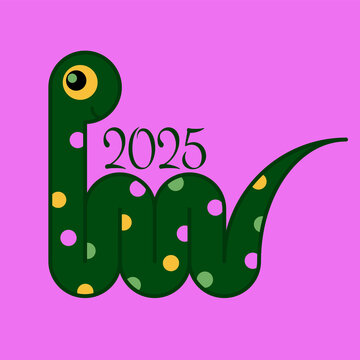 2025 happy new year. Template with snake python symbol of the year on color background.