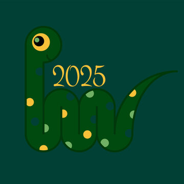 2025 happy new year. Template with snake python symbol of the year on color background.