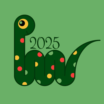 2025 happy new year. Template with snake python symbol of the year on color background.