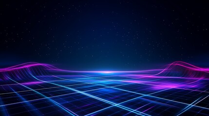 Fototapeta premium Futuristic Digital Landscape with Neon Grid and Starry Night Sky in Vibrant Blue and Pink Colors