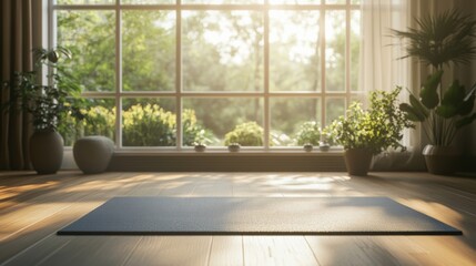 Fototapeta premium Modern living room with yoga mat and morning light, inviting a gentle workout